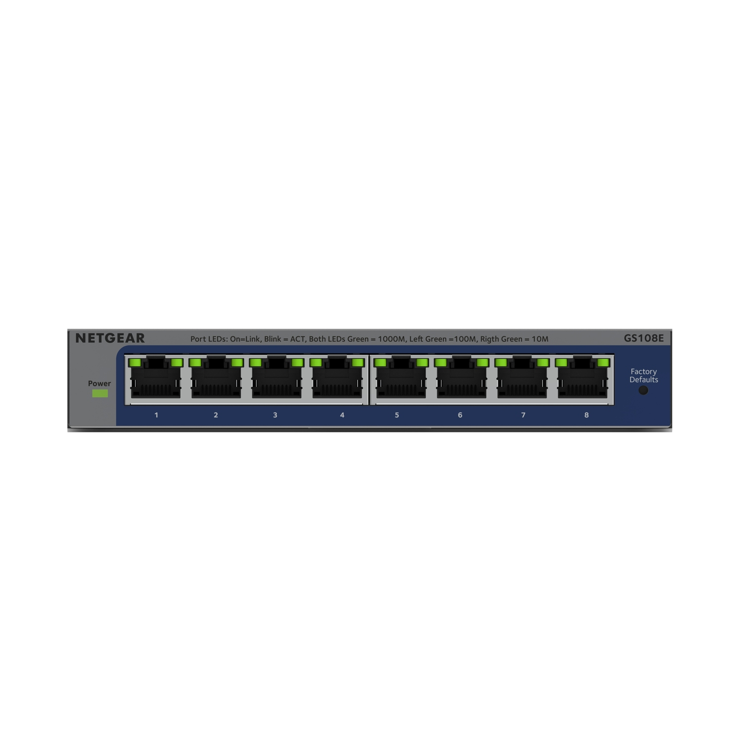Een Netgear GS108E netwerkswitch met acht poorten en LED-indicatoren, gelabeld met de fabrieksinstellingen.