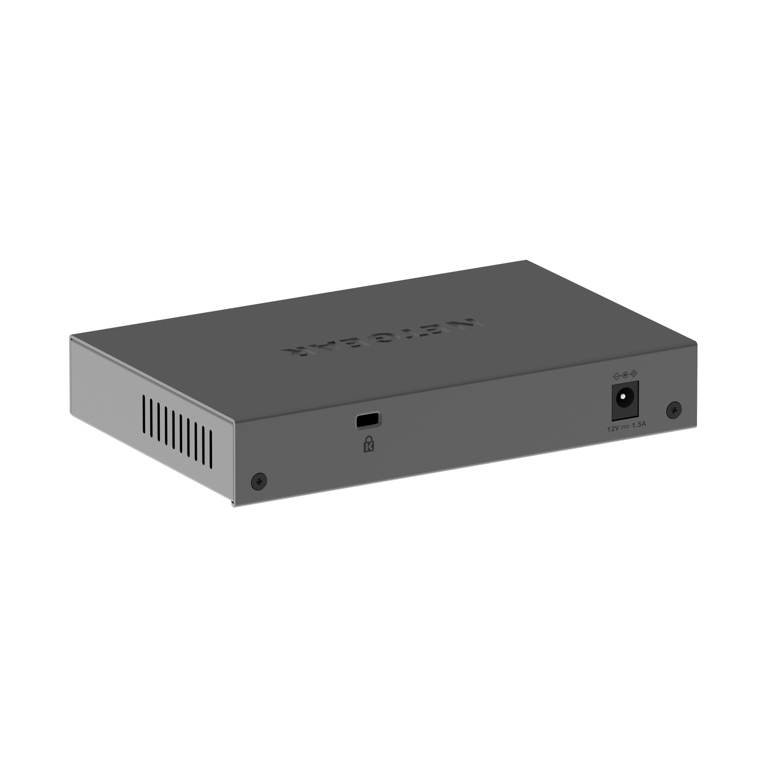 Een zwarte router met een logo, poorten en een witte achtergrond.