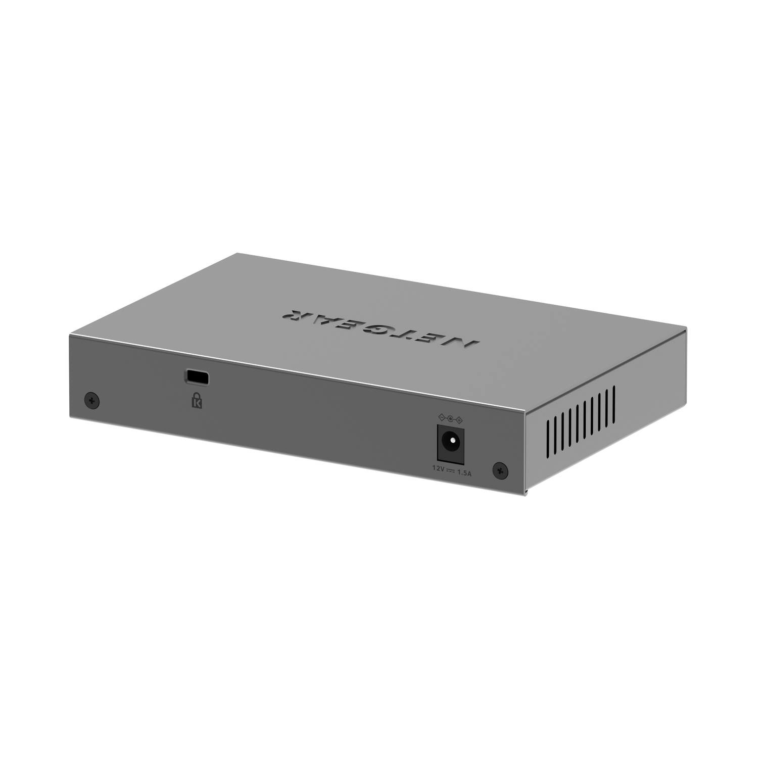 Een zilverkleurig apparaat met poorten en het NETGEAR-logo bovenop.