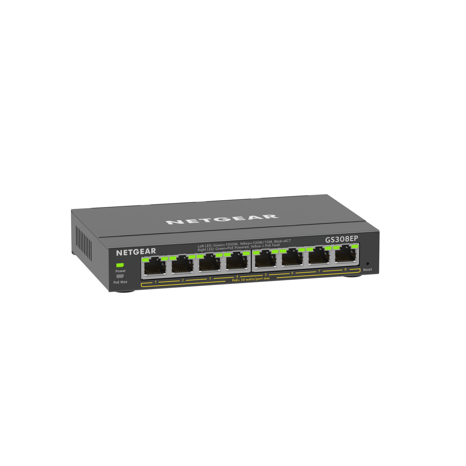 Een zwarte NETGEAR netwerkswitch met meerdere poorten, gelabeld GS308EP.