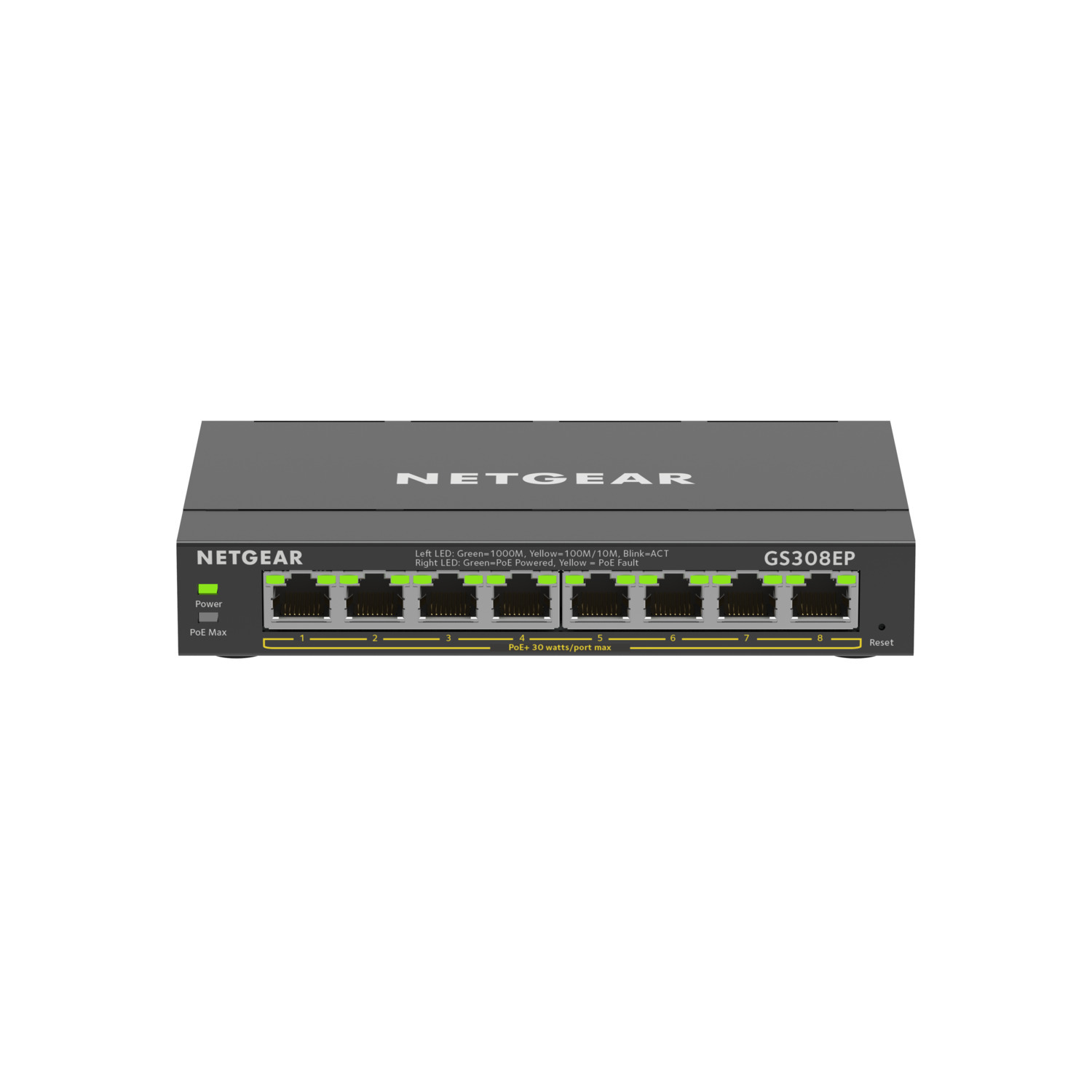 Zwarte netwerkswitch met meerdere poorten en groene LED-indicatoren.