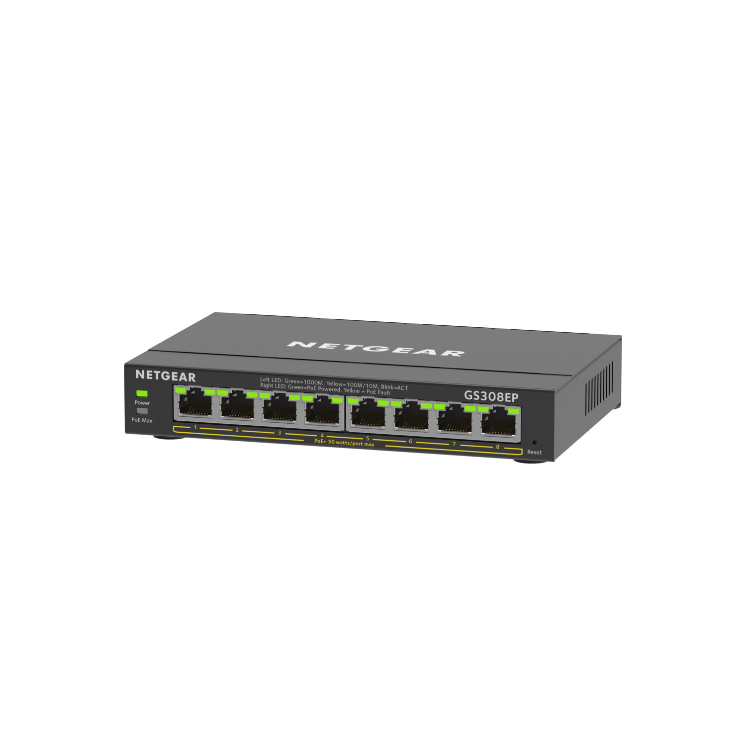 Zwarte en grijze NETGEAR GS308EP switch met acht genummerde poorten en statuslampjes.