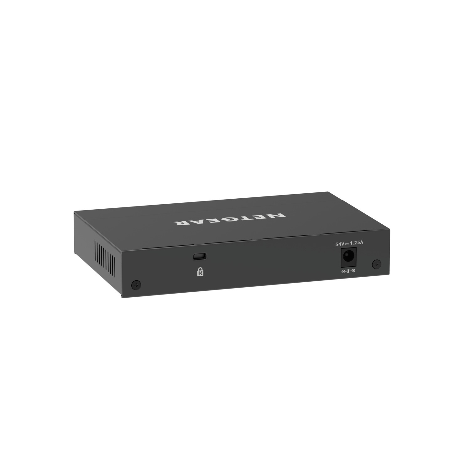 Zwart NETGEAR-apparaat. Het heeft verschillende poorten en een stroomingang, en het NETGEAR-logo.