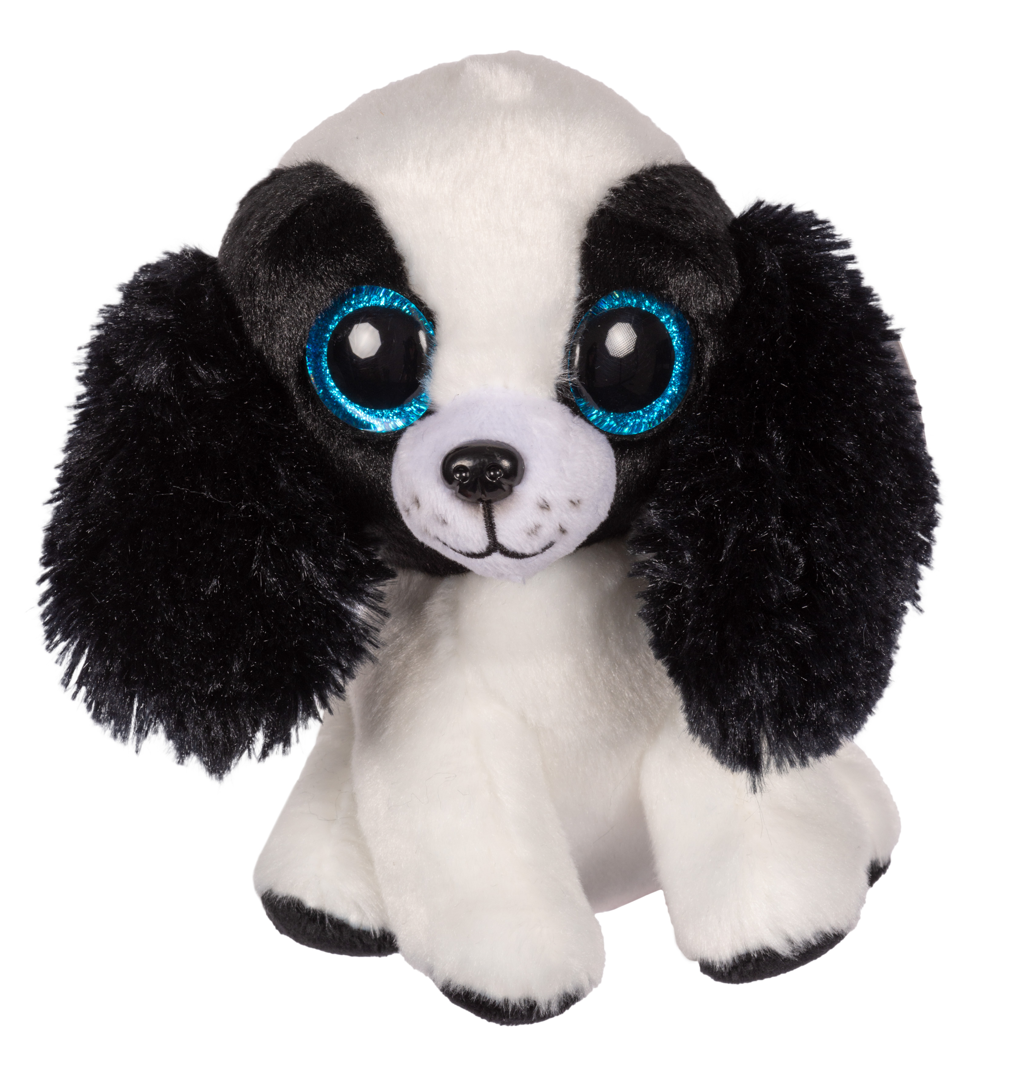 Ein weiß-schwarzes Welpen-Plüschtier mit großen blauen Augen. Es hat lange schwarze Ohren und ein süßes, lächelndes Gesicht.