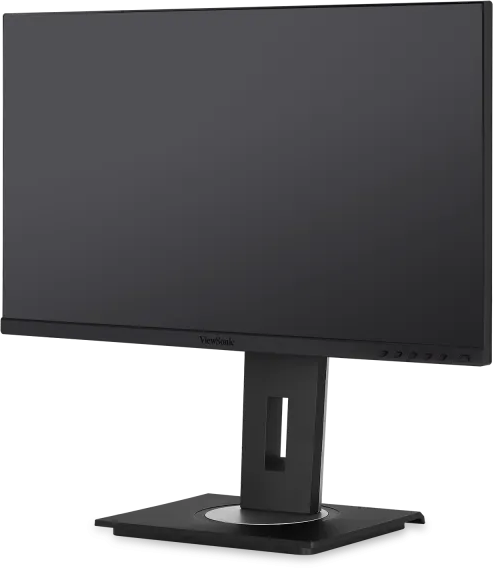 Fekete számítógép monitor fekete állvánnyal, fekete háttér előtt.
