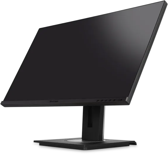 Egy fekete számítógép-monitor szögben, állvánnyal és ViewSonic logóval.