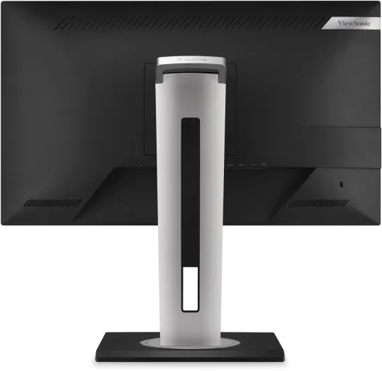 Egy fekete ViewSonic monitor hátulja, ezüst állvánnyal. Fekete háttér.