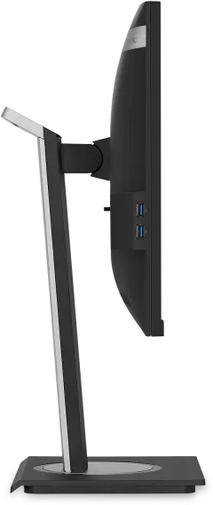 Egy fekete-ezüst monitor oldalsó nézete két USB porttal.