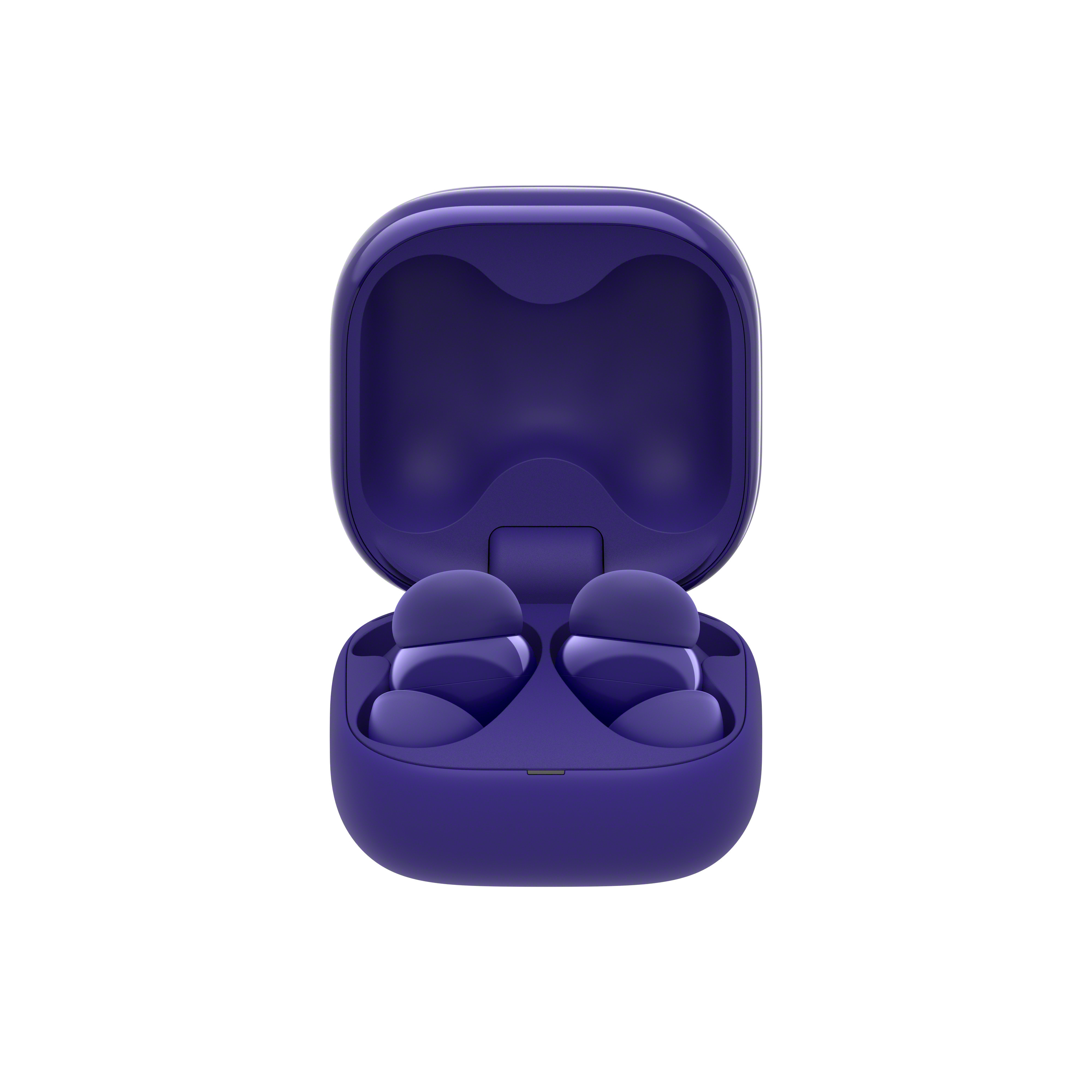 Écouteurs violets dans un étui violet ouvert, affichant les écouteurs.