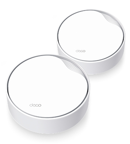 Dwa białe, okrągłe urządzenia Wi-Fi mesh. Elegancki design, lekko podniesione.
