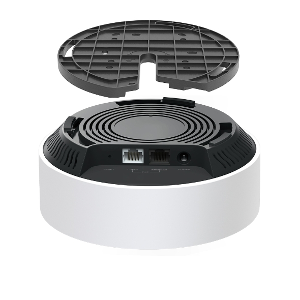 Czarno-biały router z oddzieloną podstawą. Tył pokazuje porty i wejście zasilania.