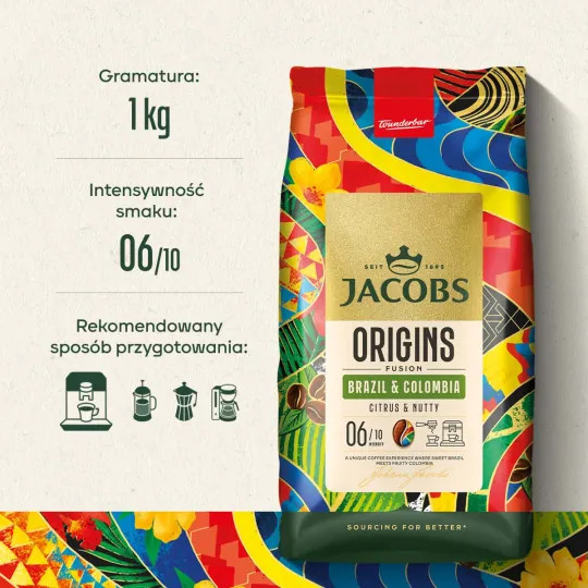 Torba kawy Jacobs, z tekstem i grafiką, pokazująca jej smak i przygotowanie.