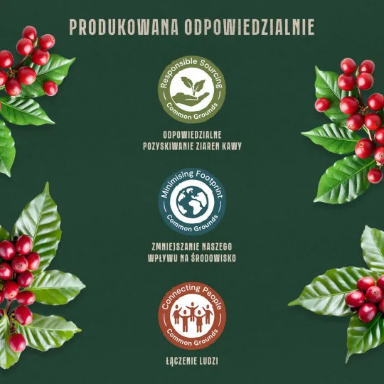 Ziarna kawy z liśćmi i logo na zielonym tle.