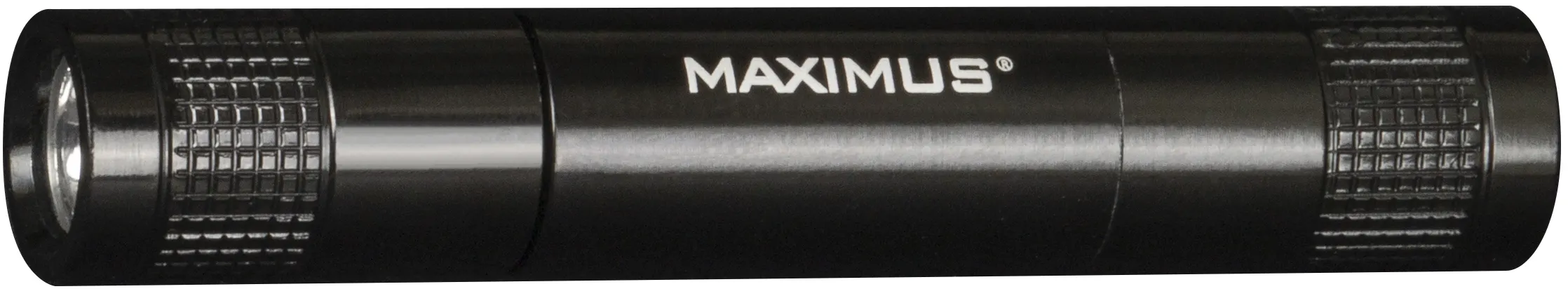 Lampe de poche Maximus noire. Forme cylindrique, avec le mot MAXIMUS.
