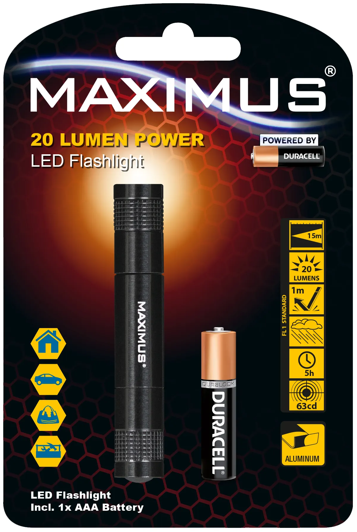 Lampe de poche LED noire avec pile Duracell. L'emballage montre les détails de sortie de lumière.