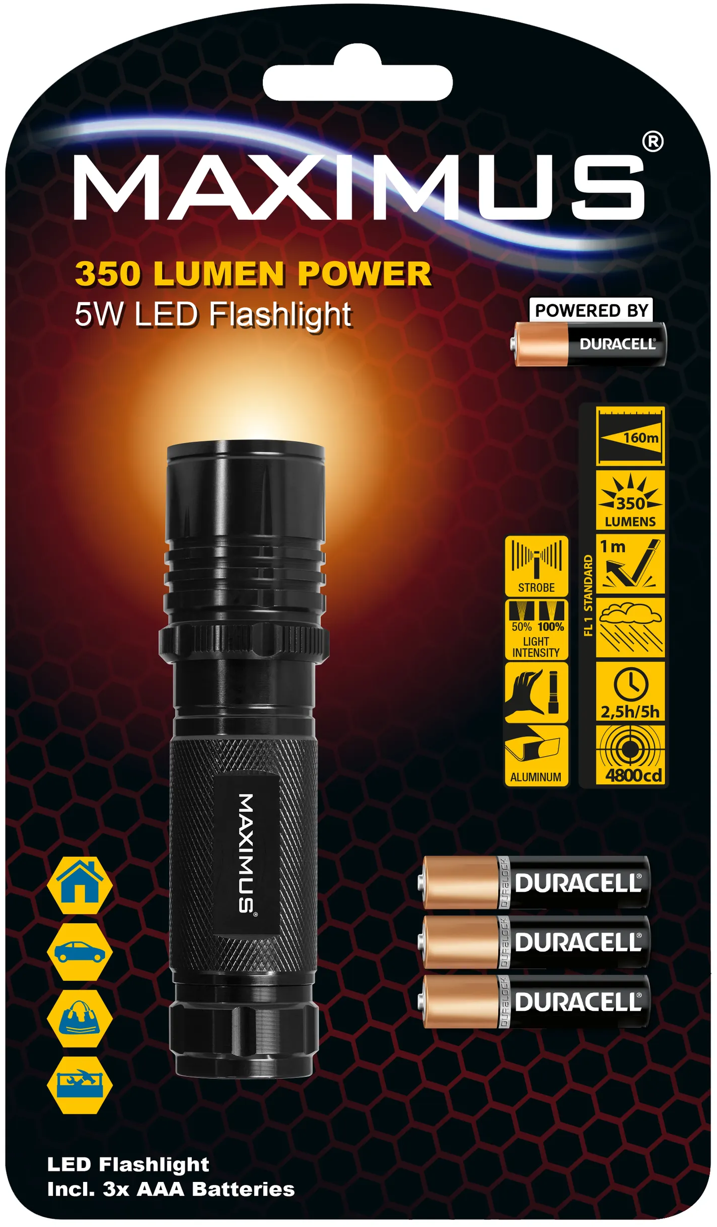 Torcia nera con confezione che mostra dettagli LED e batterie.