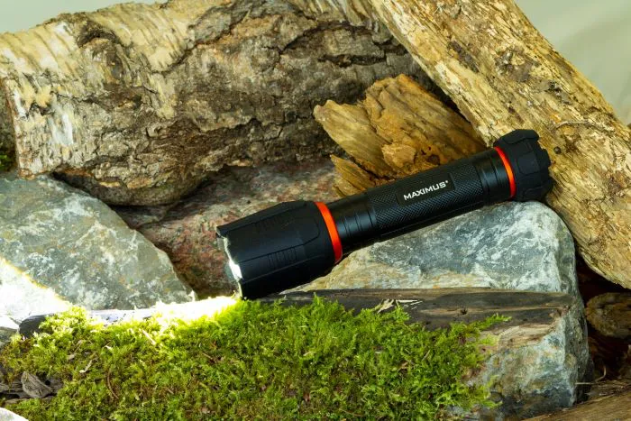 Torcia nera e arancione appoggiata su rocce, con muschio. La luce è accesa. Sfondo in legno.