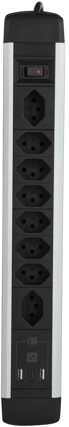Schwarze und silberne Steckdosenleiste mit mehreren Steckdosen, Schalter und USB-Anschlüssen.