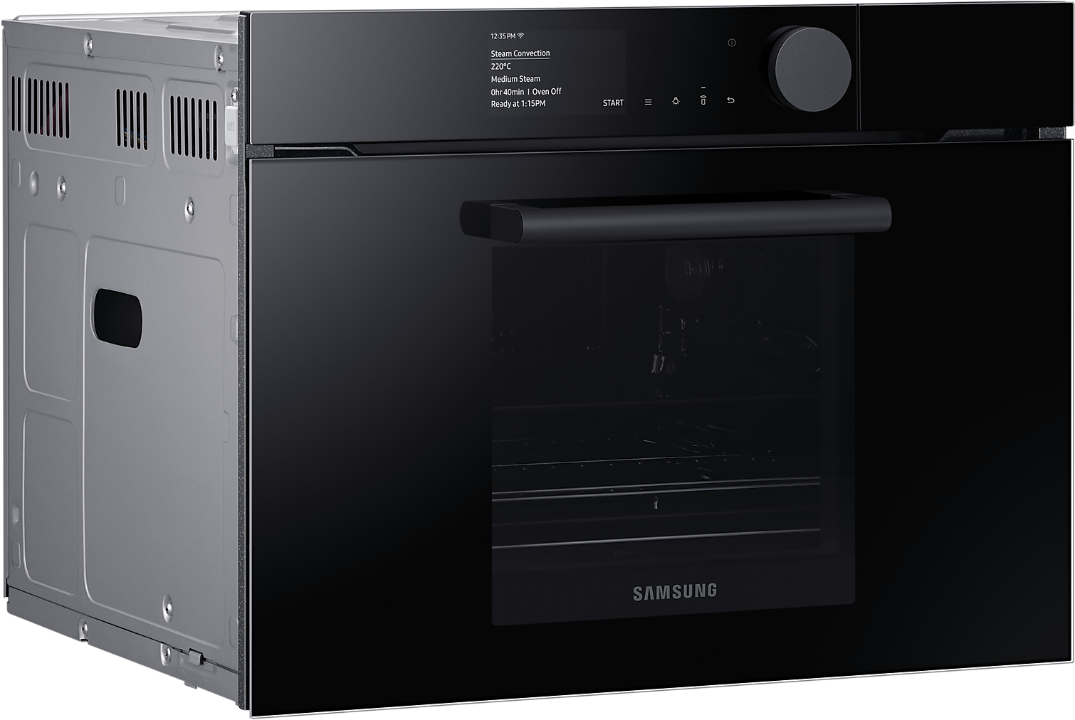 Four Samsung noir, vue de face, avec écran tactile et détails en acier inoxydable.