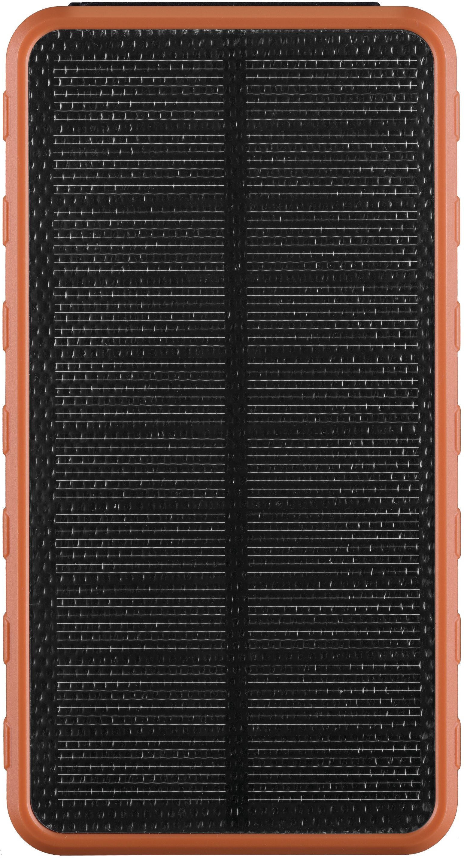 Ein orangefarbenes und schwarzes solarbetriebenes tragbares Ladegerät mit Zellen.