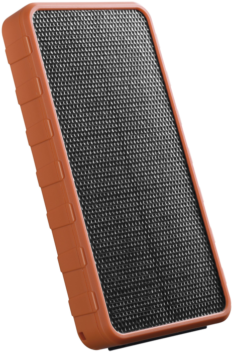 Ein orangefarbenes und schwarzes strukturiertes Solarpanelgerät vor weißem Hintergrund.