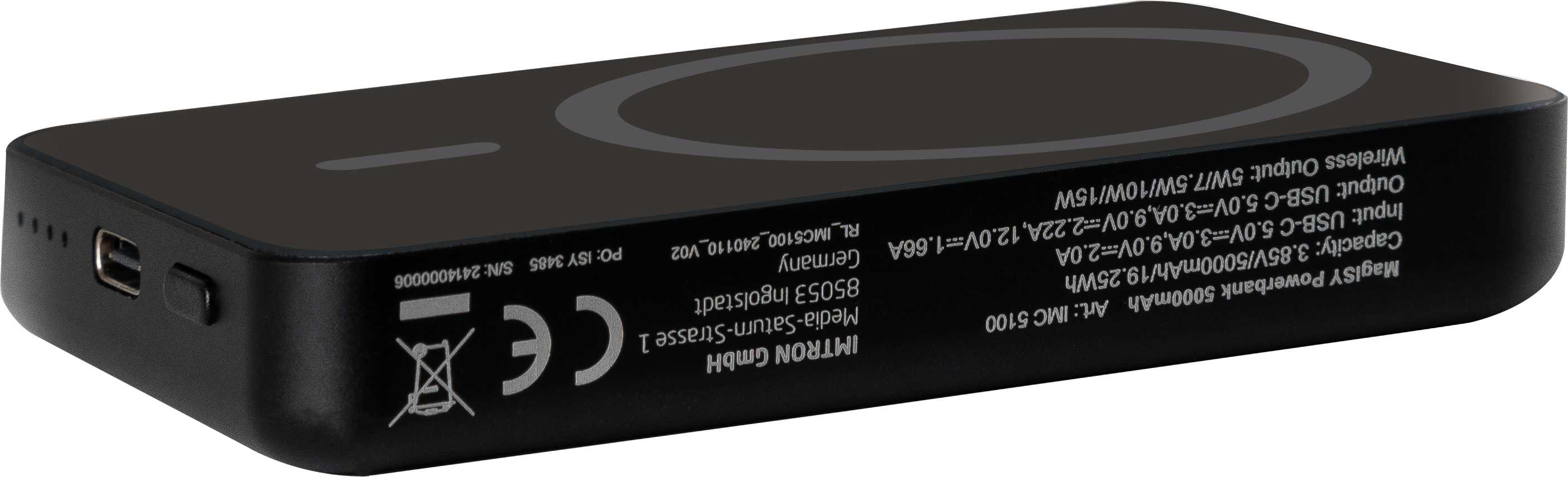 Powerbank MagSify nero da 5000mAh con area di ricarica wireless e porte di ingresso/uscita, che mostra le specifiche.