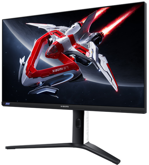 Xiaomi 27 hüvelykes monitor, űrhajós jelenetet jelenít meg piros-fehér űrhajóval.