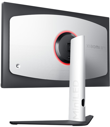 Fekete-fehér számítógép monitor hátulja az állvánnyal. Az állvány fehér, MiniLED felirattal.
