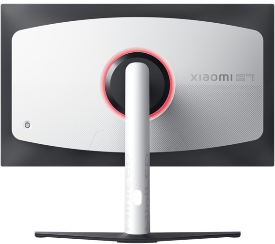 Fehér monitor hátulja állvánnyal. Tartalmaz egy piros gyűrűfényt és a 'XIAOMI' nevet.