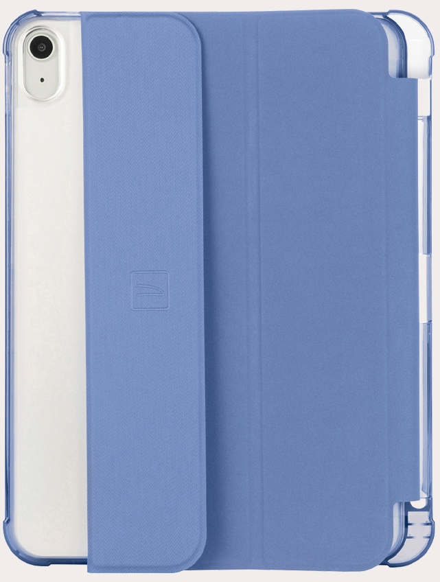 Eine blaue iPad-Hülle. Das iPad ist weiß mit einer Kamera. Die Hülle bedeckt die Rückseite und faltet sich über den Bildschirm.