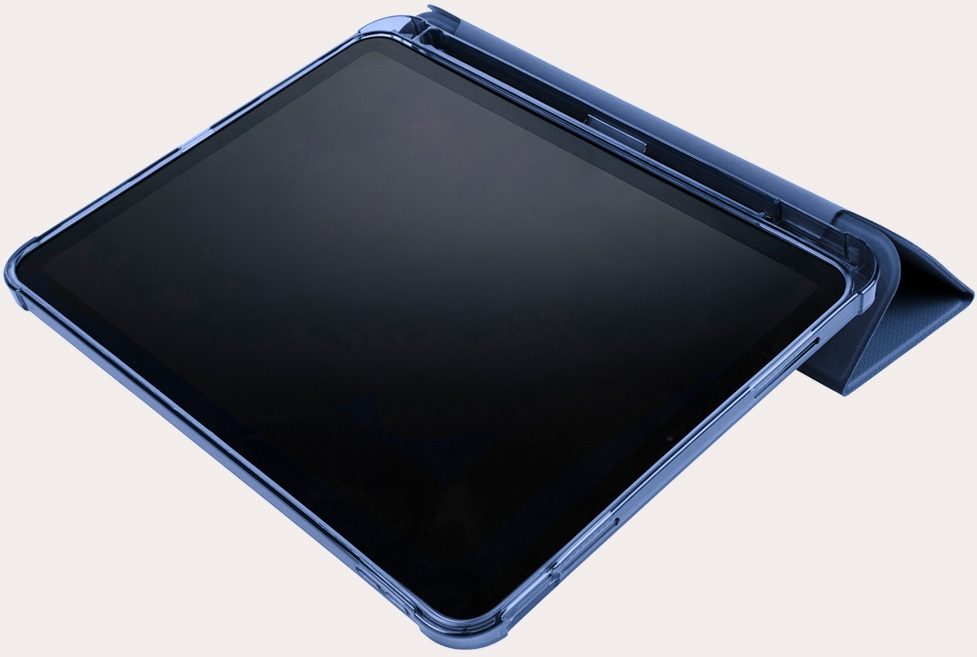 Tablet in blauem Gehäuse, schräge Ansicht. Der Bildschirm ist dunkel, mit blauem Gehäuse.