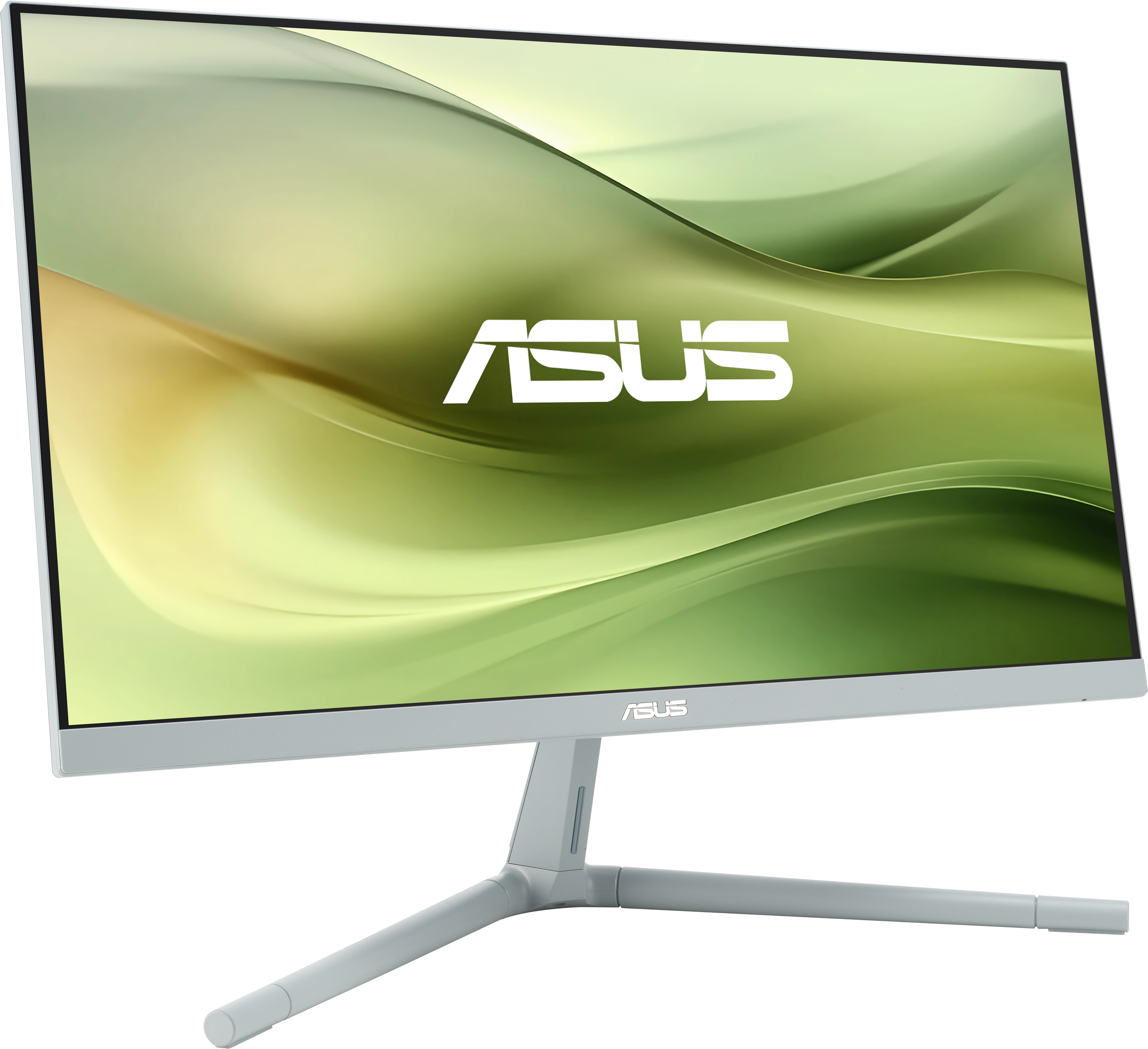 Monitor ASUS con supporto argentato e sfondo astratto verde e giallo.