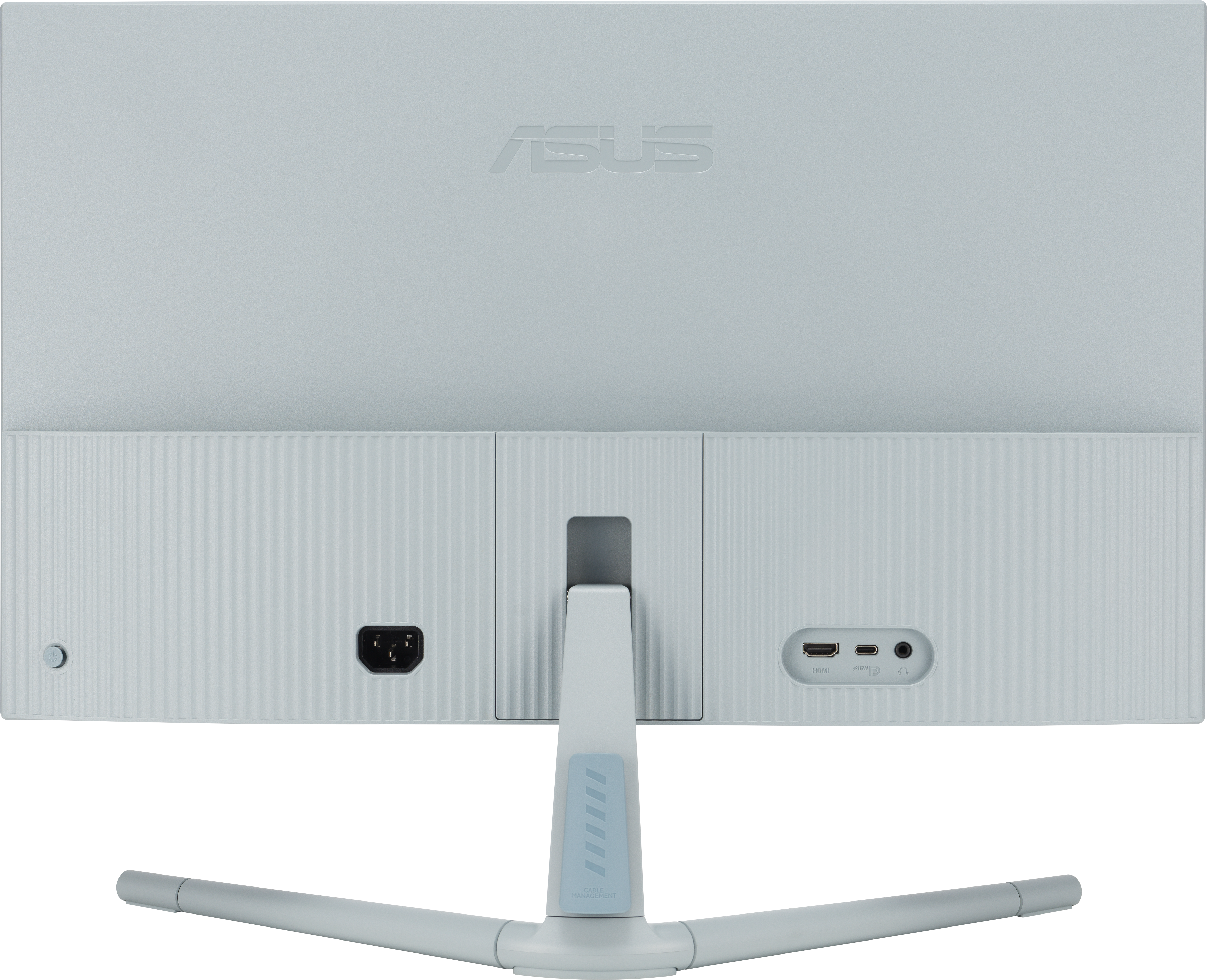 Retro di un monitor colorato chiaro con supporto e porte. Il logo ASUS è visibile in alto.