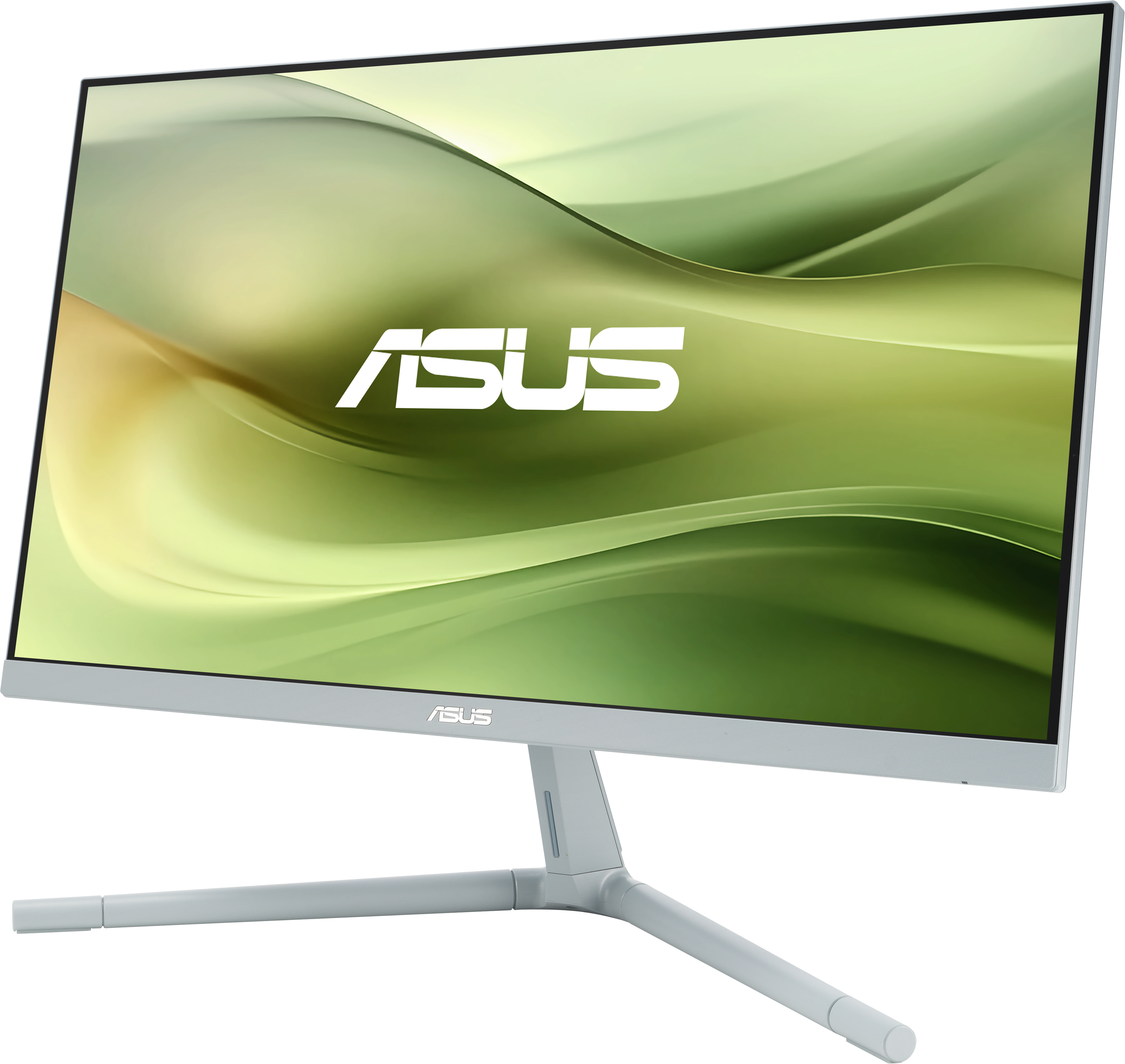 Monitor Asus con schermo curvo e supporto bianco, gradiente verde.
