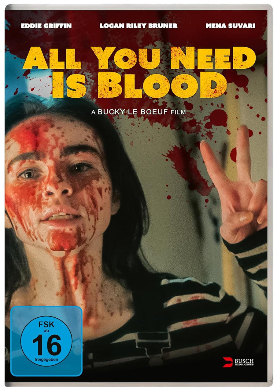 Filmplakat: All You Need Is Blood. Frau mit Blut im Gesicht, Friedenszeichen, FSK 16 Logo.