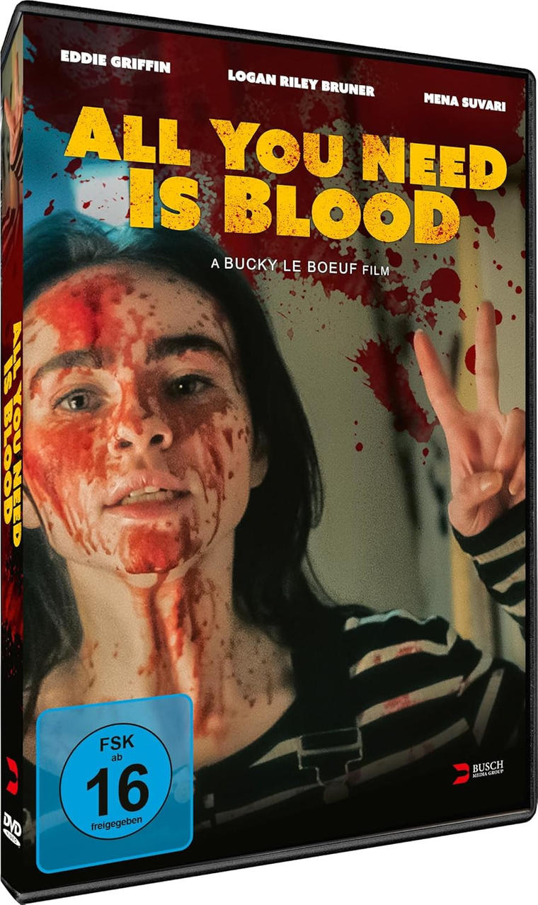 DVD-Hülle von 'All You Need Is Blood'. Eine blutüberströmte Frau zeigt das Friedenszeichen.