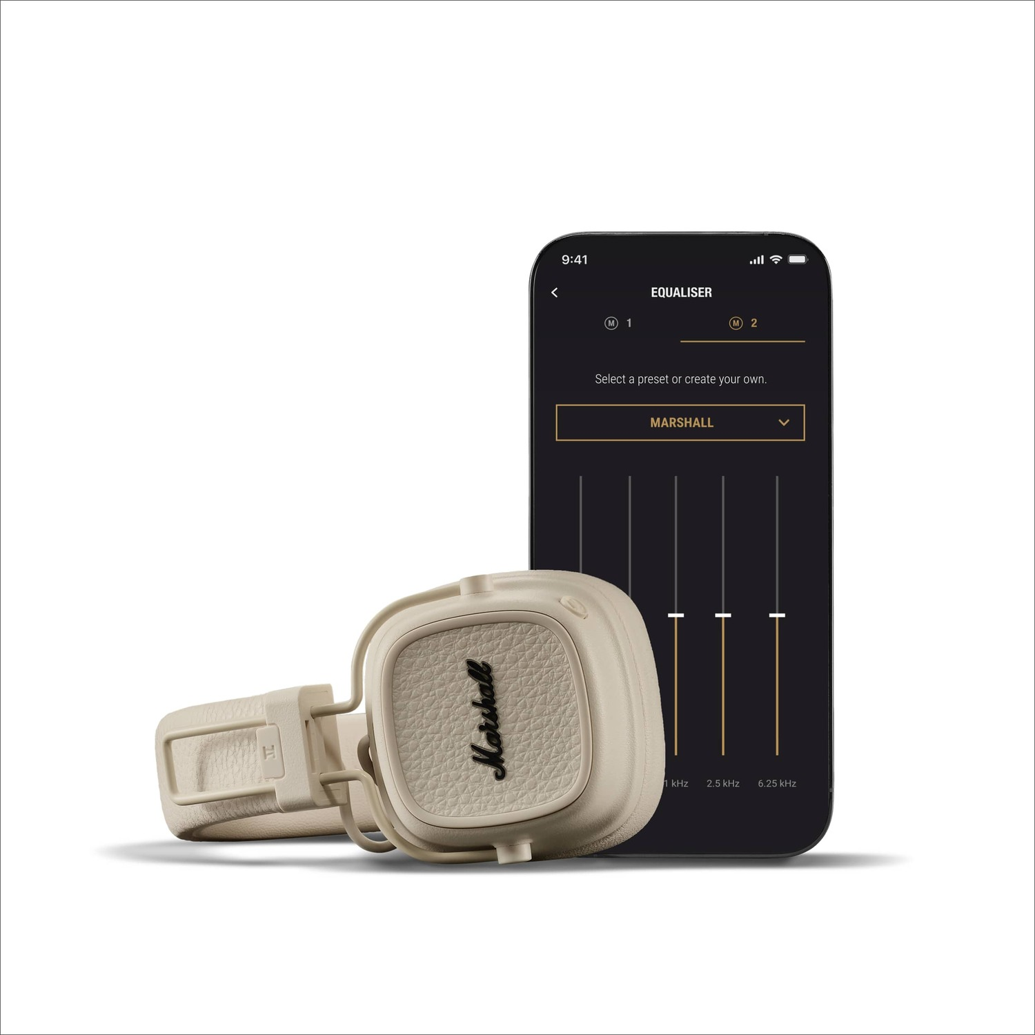 Headphones and smartphone with equalizer app. Headphones are cream-colored. White background.