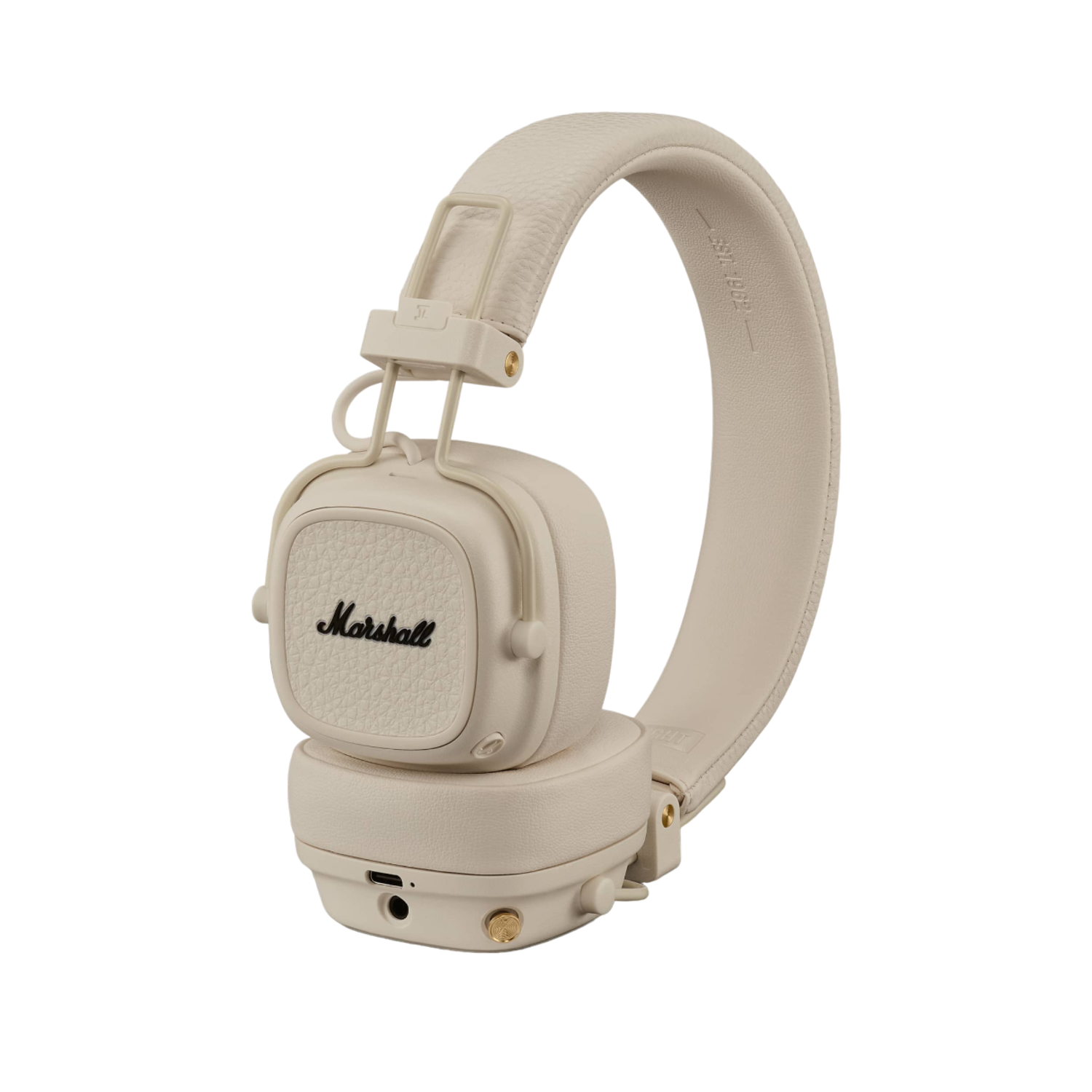 Off-white Marshall headphones with a black logo on a black background, side view.