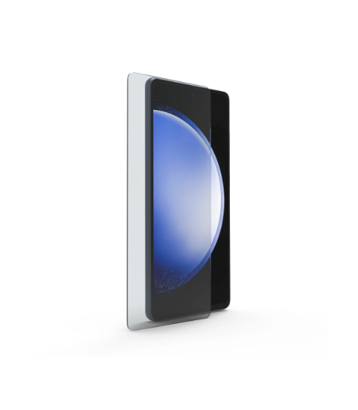 Tablet mit Displayschutz. Der Bildschirm ist blau und das Tablet ist schwarz.