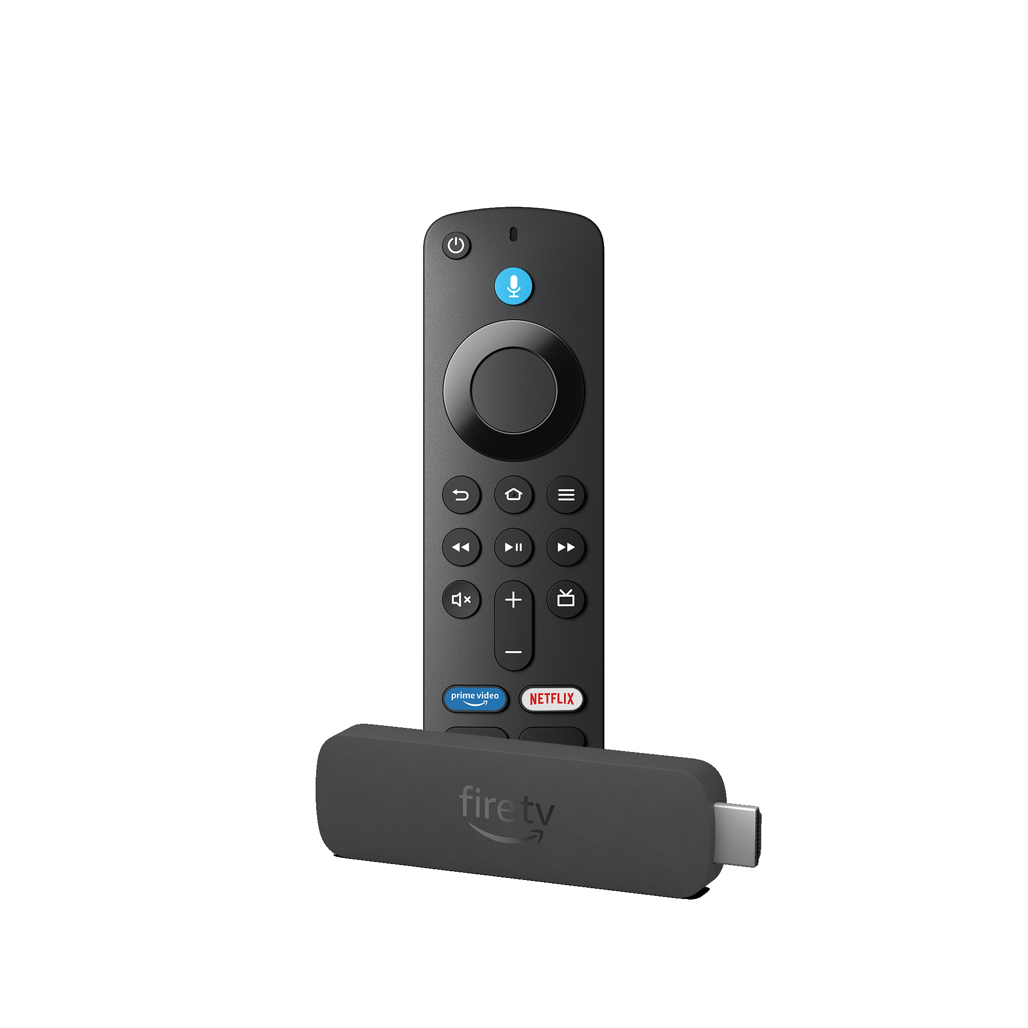 Amazon Fire TV-Fernbedienung und Streaming-Stick. Die Fernbedienung hat eine Mikrofontaste und Navigationselemente.