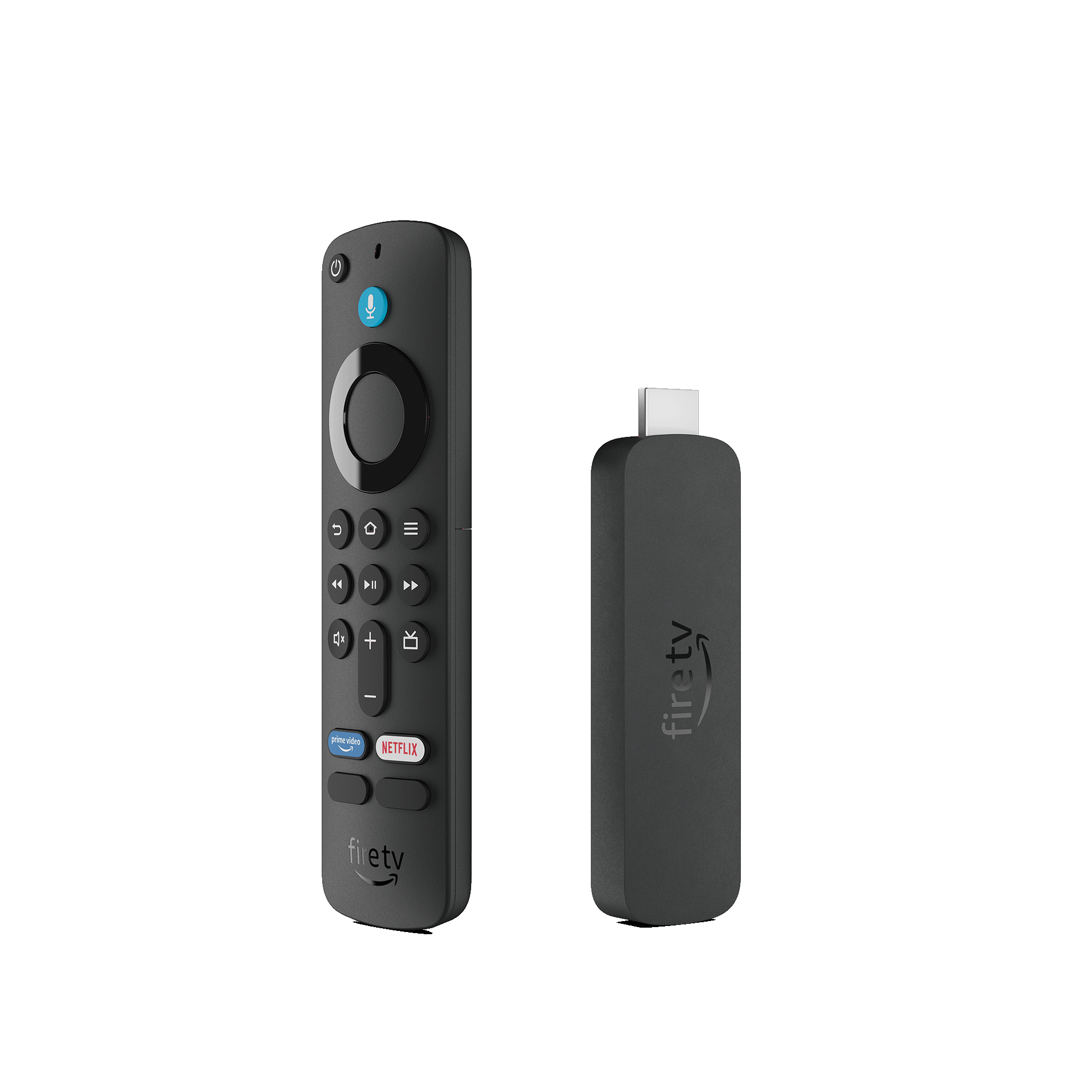 Eine schwarze Fire TV Fernbedienung und ein Streaming-Stick. Beide auf schwarzem Hintergrund.