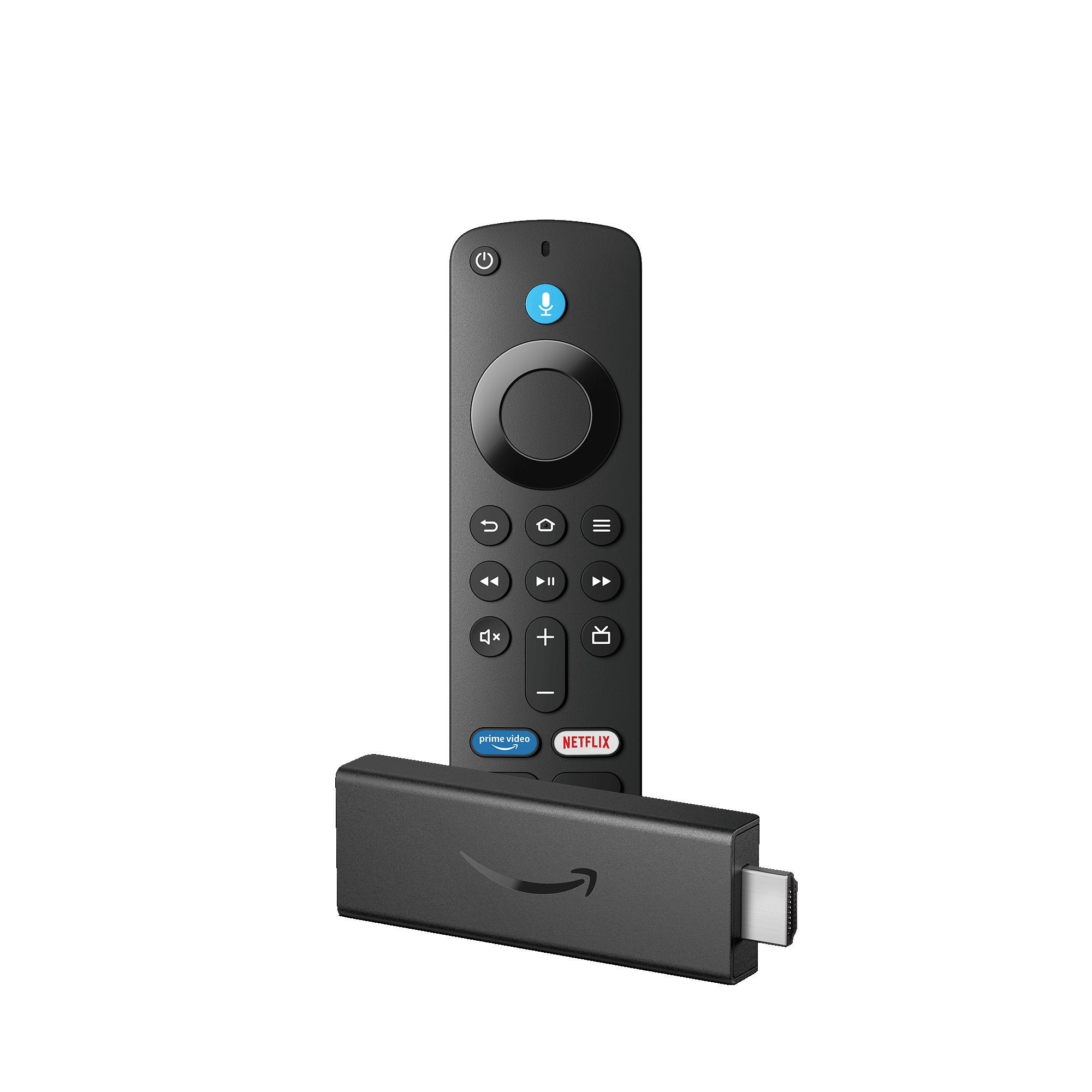 Amazon Fire TV Stick und Fernbedienung. Schwarzer Hintergrund.