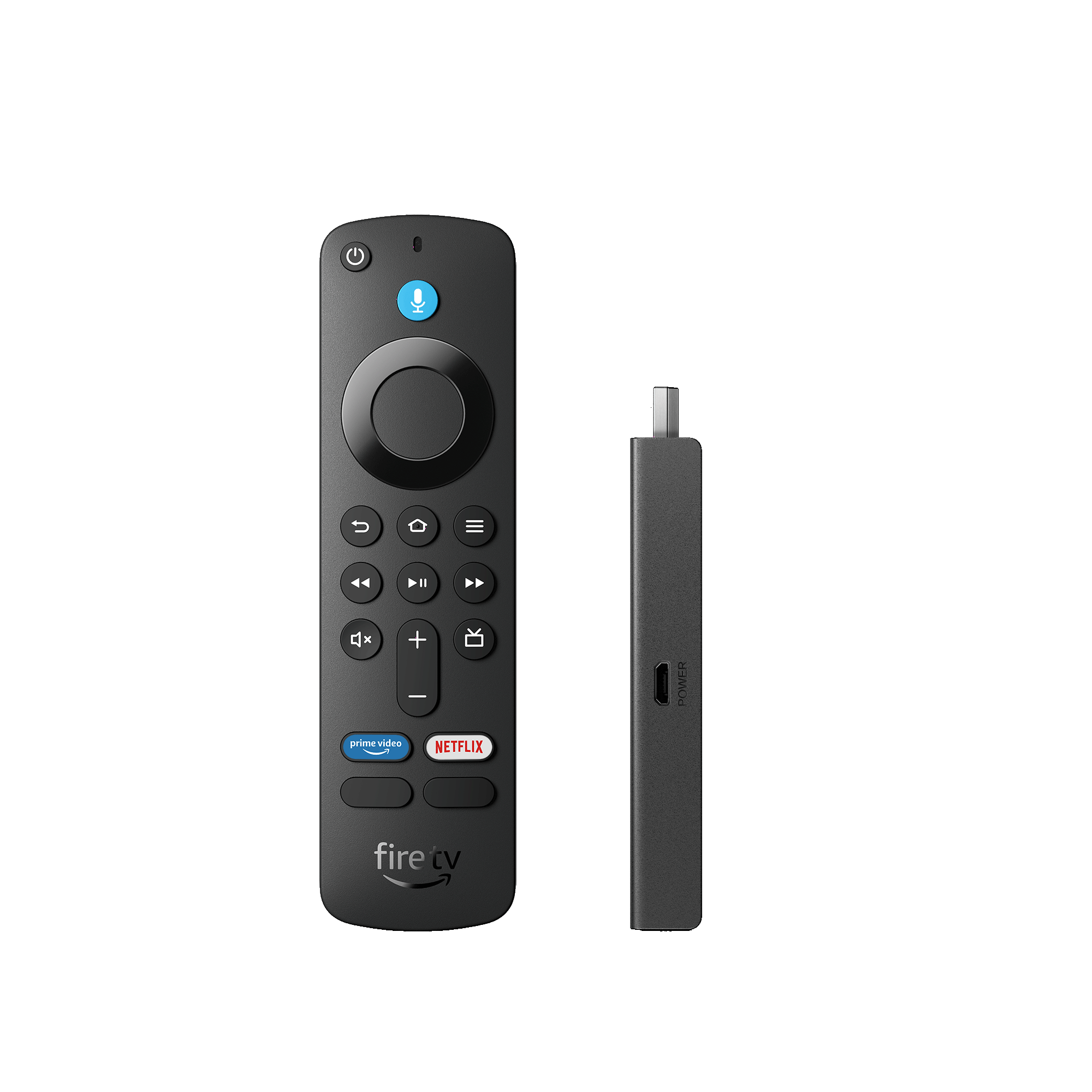 Schwarze Fire TV Fernbedienung und Fire TV Stick auf schwarzem Hintergrund.