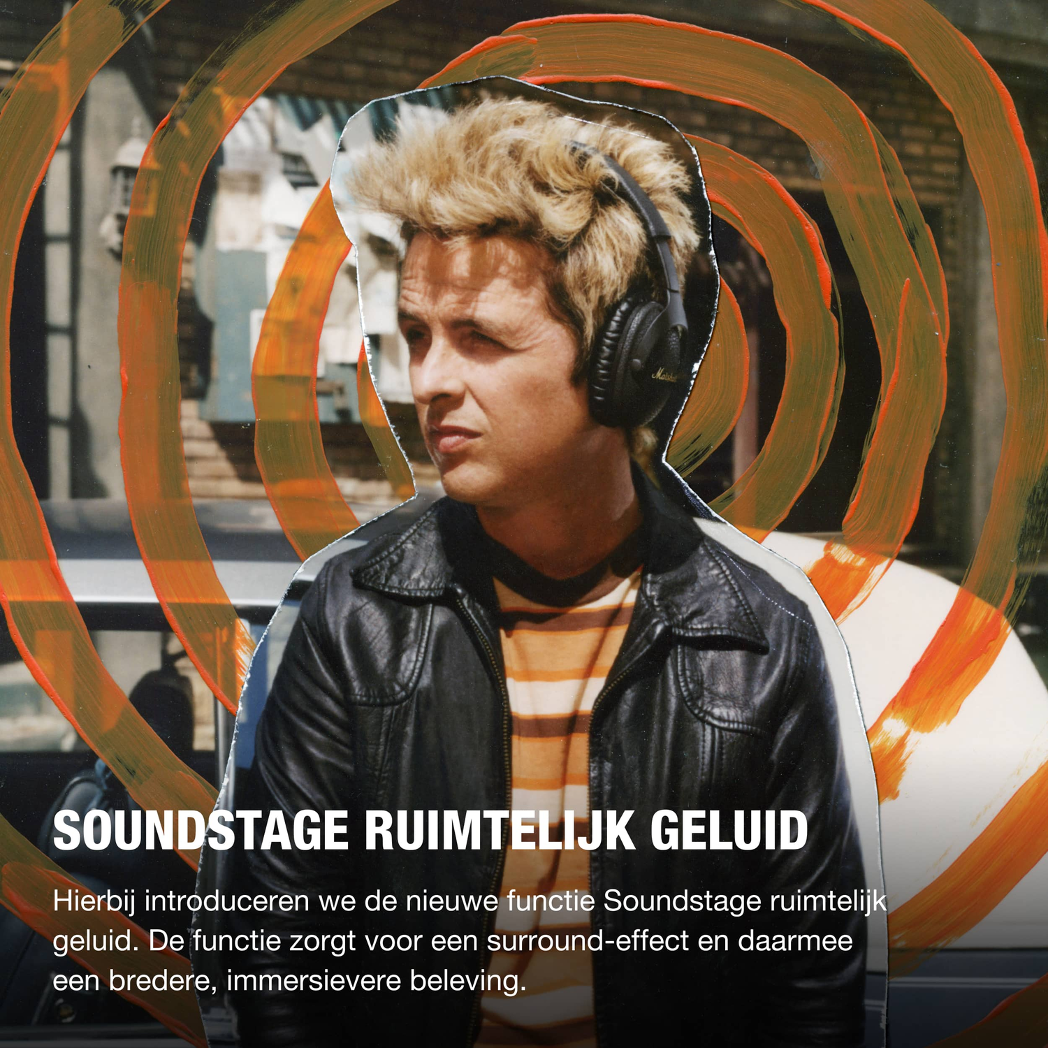 Man met koptelefoon, in retrostijl. Cirkels van oranje en geel om hem heen.
