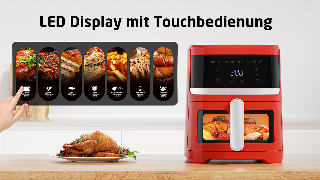Roter Airfryer mit Digitalanzeige und Essensbildern. Gebratenes Hähnchen davor.
