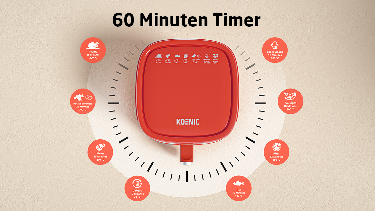 Roter Heißluftfritteuse mit Timereinstellungen für verschiedene Speisen.