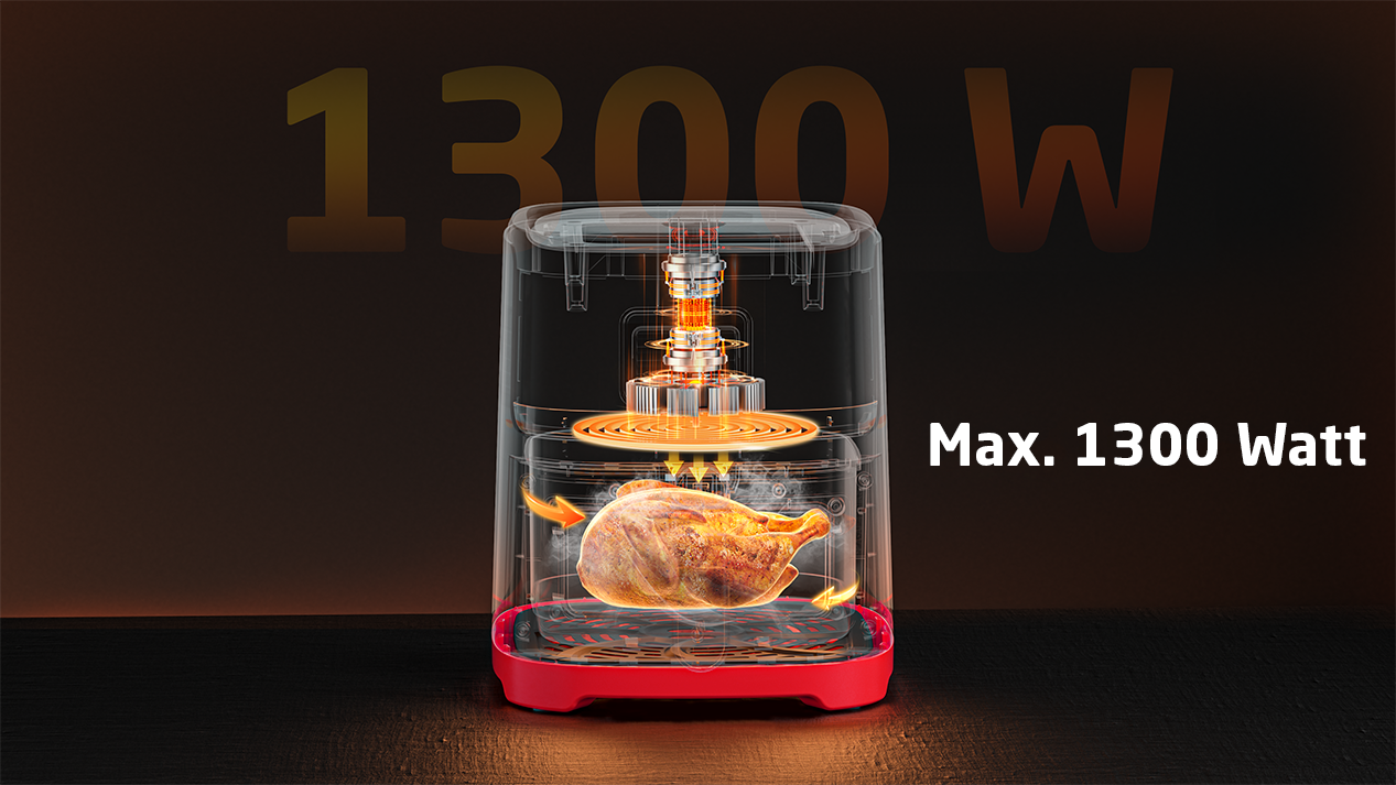 Eine transparente Heißluftfritteuse mit einem gebratenen Hähnchen, die Heizelemente und die 1300W Leistung hervorhebt.