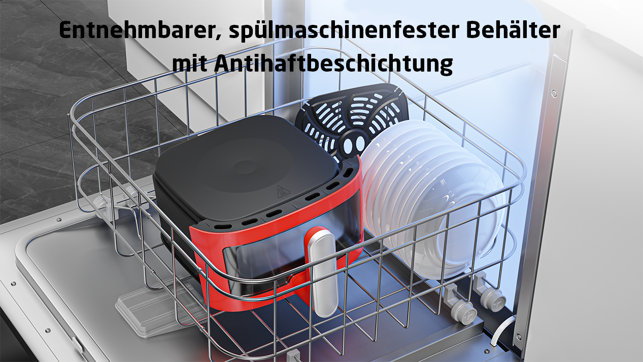 Geschirrspüler mit roten und schwarzen Airfryer-Teilen im Inneren. Text: entnehmbar, spülmaschinenfest.