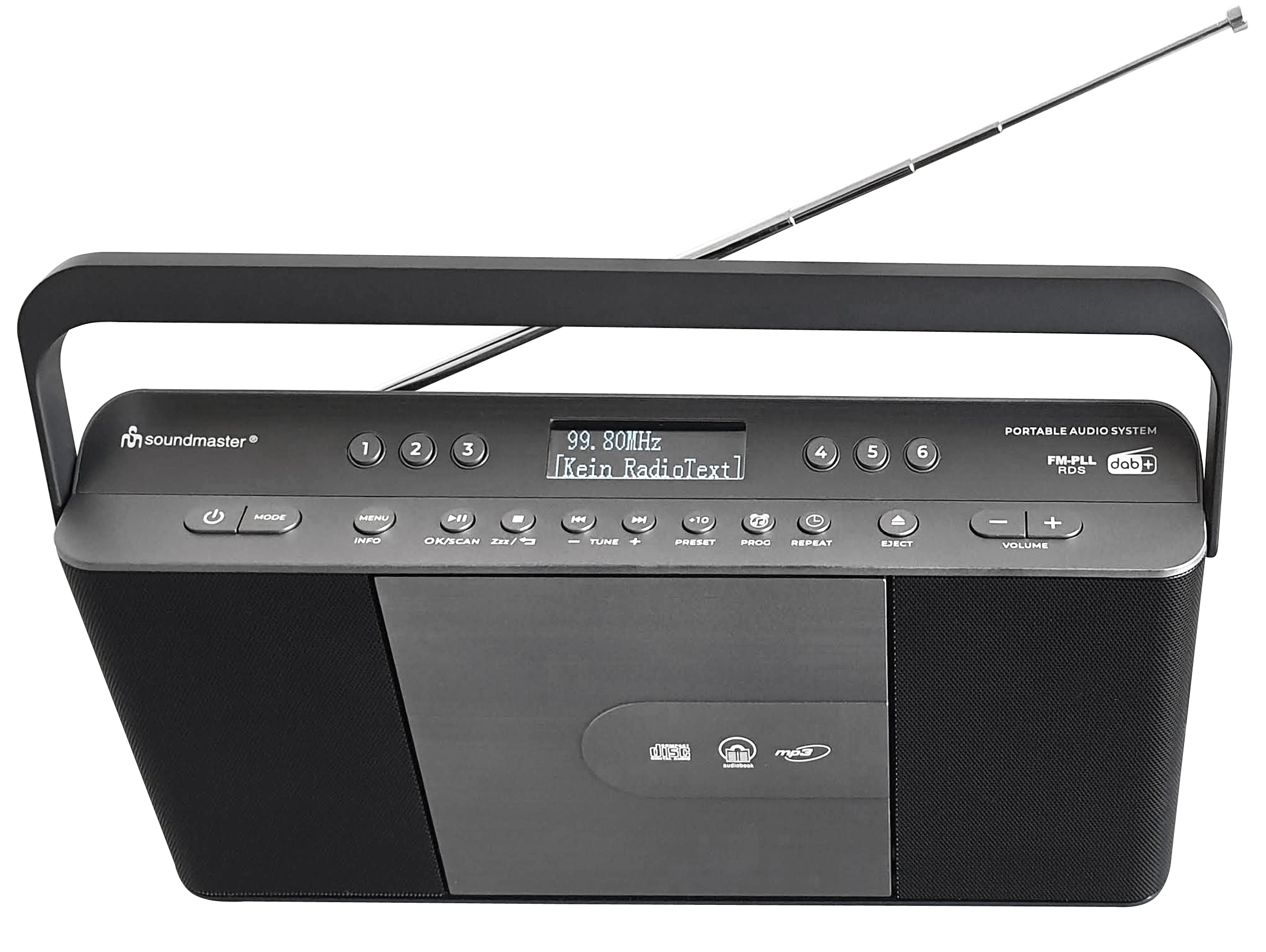 Ein schwarzes und graues soundmaster tragbares Audiosystem mit Display und Knöpfen, Griff und Antenne.