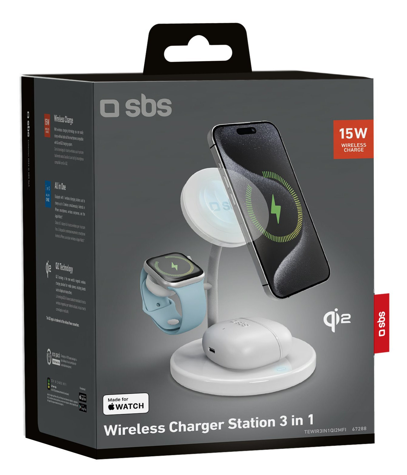 Stacja ładowania bezprzewodowego z telefonem, zegarkiem i słuchawkami na białej podstawie.